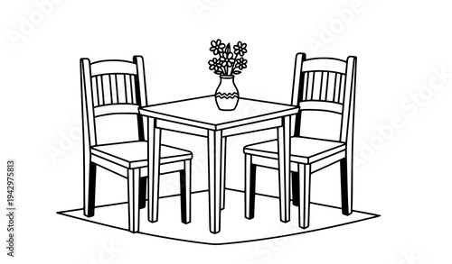 Cozy table and chairs coloring page black and white vector line art illustration
