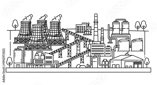 Industrial Factory Complex with Silos and Buildings.