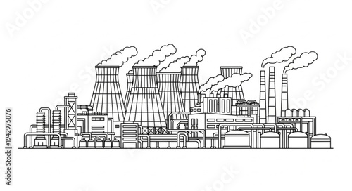 Industrial Factory Complex with Smokestacks.