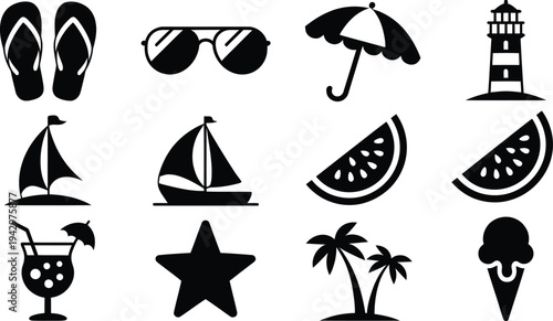 Black summer vacation icons set including flip flops sunglasses umbrella lighthouse sailboat watermelon cocktail star palm trees and ice cream on white background for travel