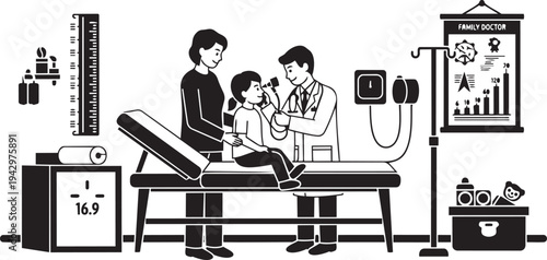 A doctor and nurse attending to a patient on an examination table isolated on transparent background, Vector