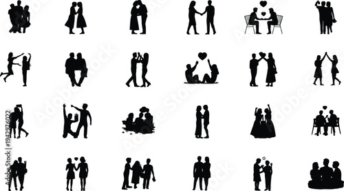 Collection of black silhouettes depicting various human interactions and social scenes on white background