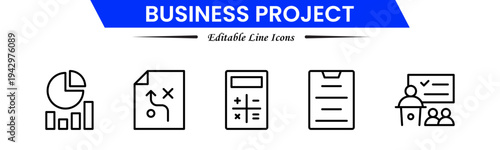 Business project icons depicting planning, teamwork, strategy, tasks, deadlines, meetings, reports, milestones, collaboration, management, analysis, workflow, productivity, progress, and goals.
