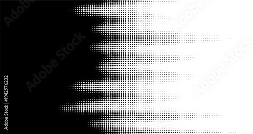 Abstract black and white halftone pattern. Dynamic transition from solid black to white. Vector illustration.