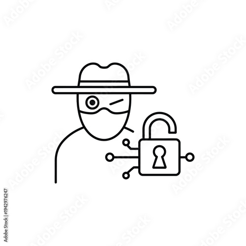 Cyber hacker and security breach icon with unlocked padlock