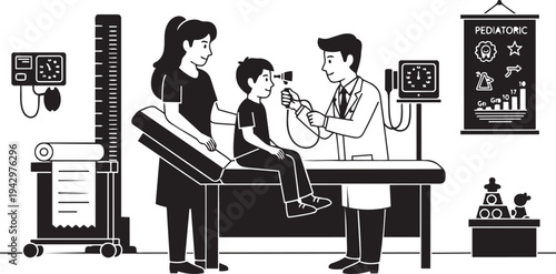 A doctor examining a young boy in a medical setting isolated on transparent background, Vector