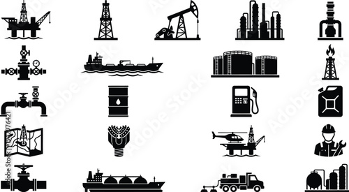 Oil and gas industry icons set with drilling rigs refineries and transportation vehicles on white background