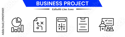 Business project icons depicting planning, teamwork, strategy, tasks, deadlines, meetings, reports, milestones, collaboration, management, analysis, workflow, productivity, progress, and goals.