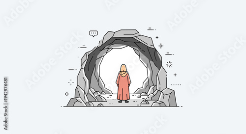A person in a cloak stands before a cave entrance, illustrated in a minimalist style, ideal for adventure themes