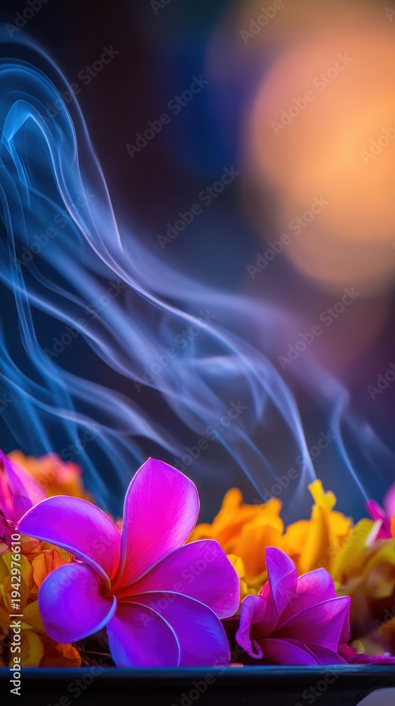Fototapeta premium Colorful flowers with delicate smoke swirling above them, set against a soft, blurred background