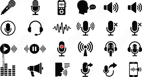 Collection of black audio icons and symbols for media and communication on white background