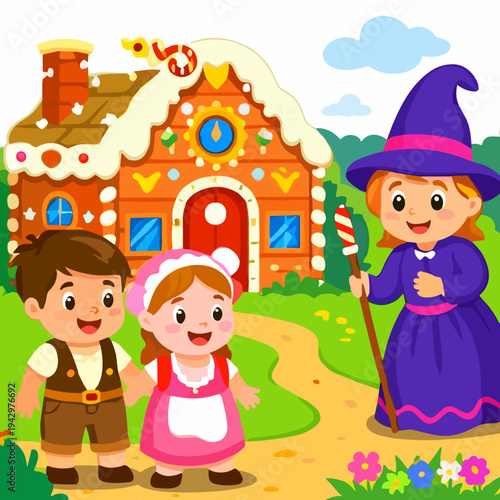 Hansel and Gretel stand beside a candy house while a witch watches in a bright storybook scene. Sweet yet mysterious fairytale illustration blends magic, adventure and childhood fantasy.