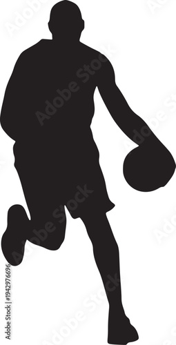 Silhouette of a basketball player dribbling the ball on the court isolated on transparent background