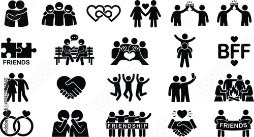 Black friendship icons set with people hearts and symbols on white background for social concepts