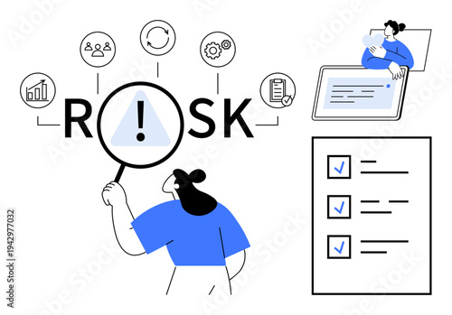 Risk management. Risk identification and assessment illustrated with a checklist, data analysis icons, and digital tools. Risk visualization for planning, strategy, compliance, analysis, auditing
