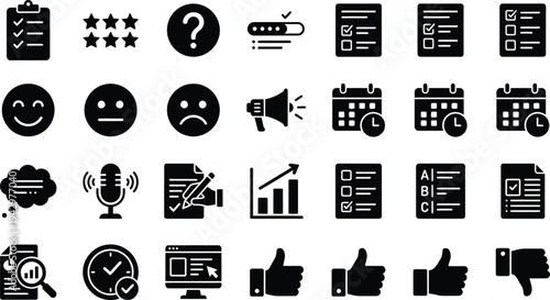 Collection of black icons for business and communication on white background
