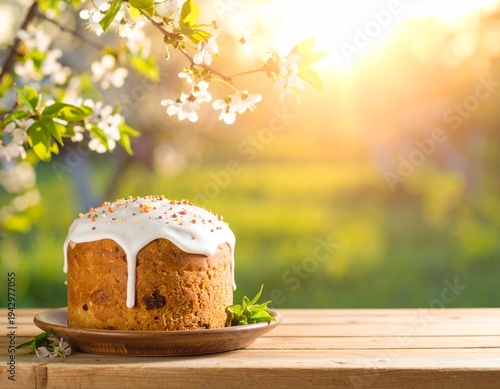 Traditional Ukrainian paska bread cake and yellow tulip flowers on wooden table. 
