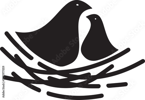 Two black birds sitting in a nest made of twigs and branches isolated on transparent background