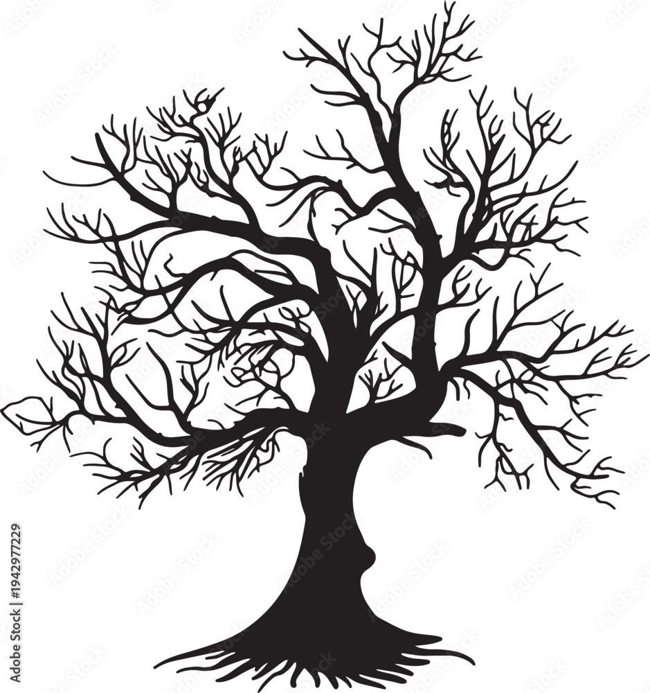 Obraz premium Intricate illustration of a tree's bare branches against a white background isolated on transparent background