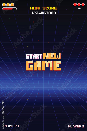 START NEW GAME. Retro Futurism Sci-Fi Background. glowing neon grid and star from vintage arcade computer games
