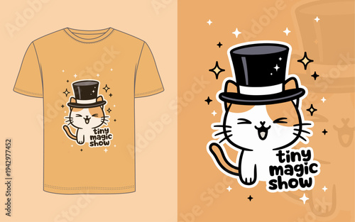 A Cute cat dressed in magician's costume and top hat appears on a mustard T-shirt design, alongside the caption Tiny Magic Show.