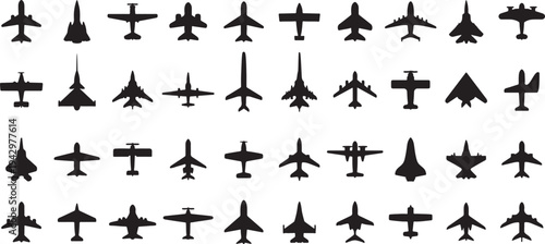 Collection of various military aircraft silhouettes in black and white isolated on transparent background