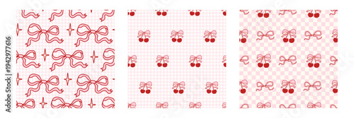 Coquette seamless pattern set with hand drawn bows and cherries on pink gingham backgrounds, cute red line doodles, girly romantic aesthetic, playful feminine design for fabric, wrapping, stationery