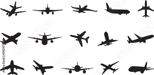 A collection of various airplane silhouettes in different orientations and styles isolated on transparent background