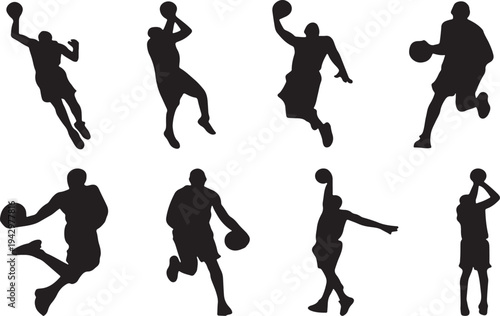Silhouettes of basketball players in various dynamic poses and actions isolated on transparent background