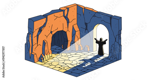 A mystical cave scene with a figure in a robe, featuring bold colors and sharp lines, ideal for fantasy themes
