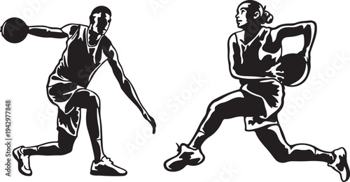 Two basketball players in action, one shooting and the other preparing to defend isolated on transparent background