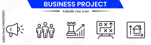 Business project icons depicting planning, teamwork, strategy, tasks, deadlines, meetings, reports, milestones, collaboration, management, analysis, workflow, productivity, progress, and goals.