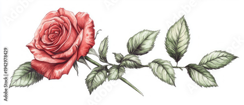 A delicate rosebud with graceful leaves, symbolising the beauty and fragility of nature, is suitable as a decorative background for cosmetic packaging design or wedding invitations.