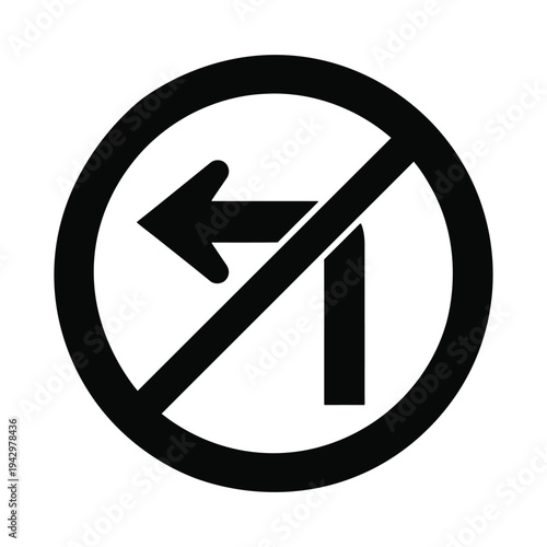 Black and white 'no left turn' traffic sign icon, indicating a forbidden maneuver for vehicles on the road.