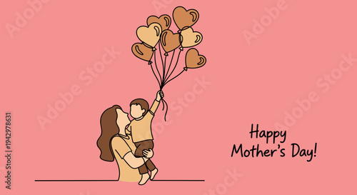 A heartwarming illustration of a mother and child holding heart-shaped balloons, featuring a minimalist style, perfect for Mother's Day