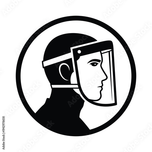 Black and white icon of a person wearing a protective face shield in profile view, enclosed in a circular border, indicating safety.