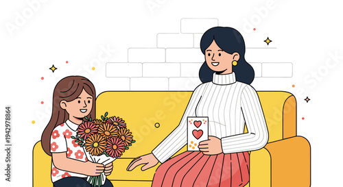 Two women sharing a joyful moment, one holding flowers and the other a heart card, in a modern illustration style