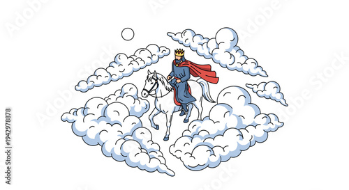 A whimsical illustration of a king riding a horse through fluffy clouds, featuring a colorful, cartoonish style