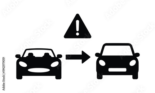 Black silhouettes of a convertible car transforming into a standard car with a warning sign indicating a potential issue or change.