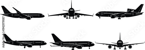 Airplane silhouette vector illustration collection, commercial aircraft, flying icons, aviation design, travel artwork, transport symbol, safety culture, flat vector illustration