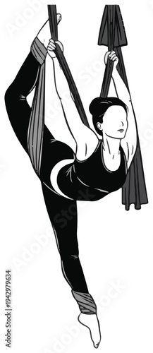Aerial yoga silks pose: female acrobat performing flexible yoga In air for fitness and movement.
