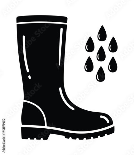 Black silhouette of a single rain boot with water droplets, symbolizing waterproof footwear for wet weather conditions.