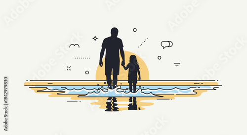 A silhouette of a parent and child holding hands by the water, featuring a minimalist style and serene beach theme