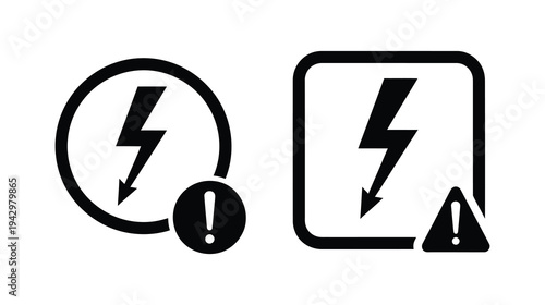 Two black and white icons depicting a lightning bolt warning symbol with an exclamation mark, one in a circle and one in a square.