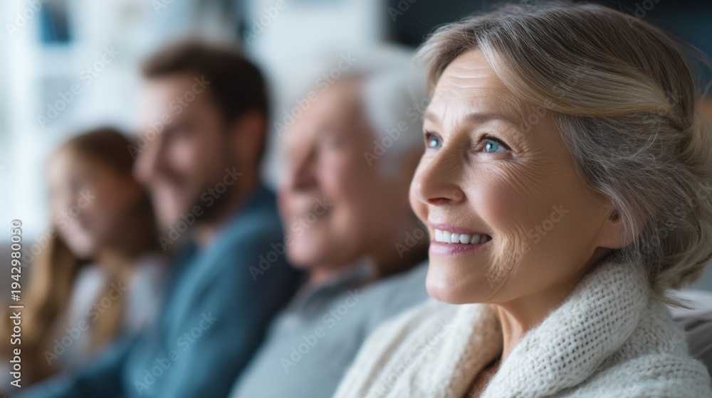 Obraz premium A happy family enjoying a moment together. The elderly woman smiles joyfully surrounded by her family. This image captures love and connection in a soft and warm atmosphere. AI
