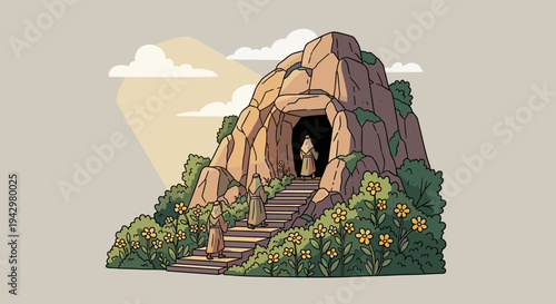 A serene mountain scene featuring a cave entrance surrounded by lush greenery and flowers in a modern illustration style
