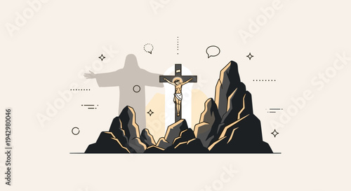 An illustration of a crucifixion scene set against rocky mountains with a minimalist style, ideal for religious themes