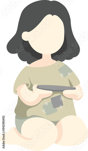 Poverty Stricken Girl Sitting Alone – Social Inequality and Humanitarian Crisis Vector Illustration