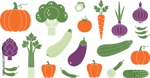 Colorful Fresh Vegetables Vector Collection Featuring Pumpkin, Broccoli, Carrot, Eggplant, Zucchini, Onion, Pepper and Cucumber in Flat Style Healthy Food Illustration