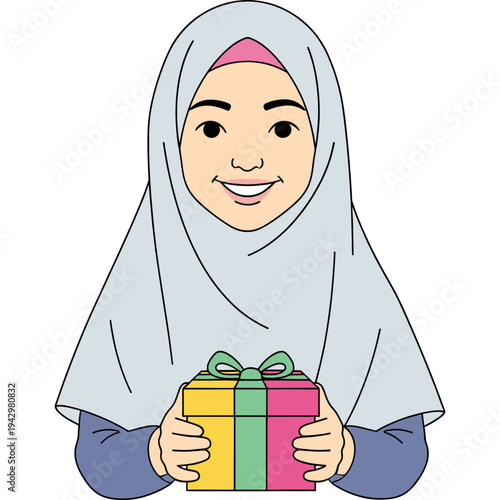 Joyful Muslim Girl with a Gift: A young Muslim girl, her face beaming with delight, holds a colorful present, embodying the spirit of generosity and the joy of giving. 